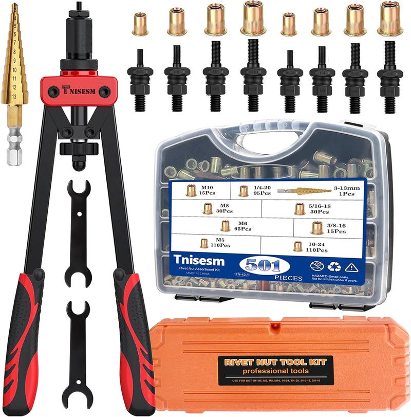 Tnisesm Rivet Nut Tool Kit with 501Pcs Rivet Nuts(10-24，1/4-20, 5/16-18, 3/8-16, M5, M6, M8, M10) 8Pcs Metric & SAE Mandrels, Step Drill Bit and Rugged Carrying Case Nutsert Tool Kit - Image 1